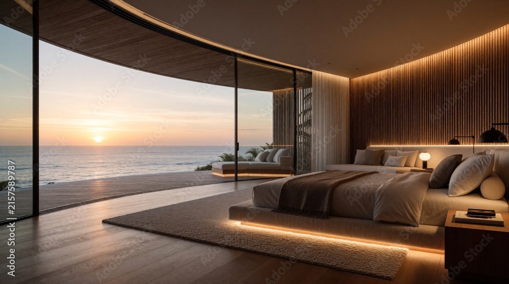 Fototapeta premium Modern luxury bedroom with huge glass walls overlooking ocean at sunset. Minimalist interior design features large bed, wooden walls, cozy terrace. Elegant master suite offers peaceful coastal view