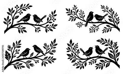 Obraz na plátně Birds on tree branch silhouettes set featuring songbirds lovebirds berries flowe