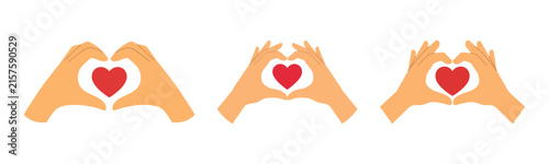 Three flat illustration style hands forming heart shapes with red hearts kindness affection relationship
