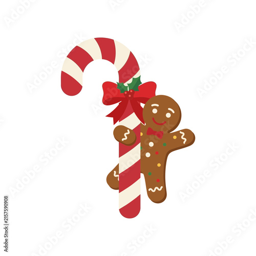 Gingerbread man character holding a striped candy cane for Christmas holiday celebration