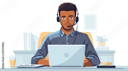 Man, portrait and headset at laptop or telemarketing at call centre or customer service, technical support or sales. Male person, face and contact us at help desk or crm, representative or consulting
