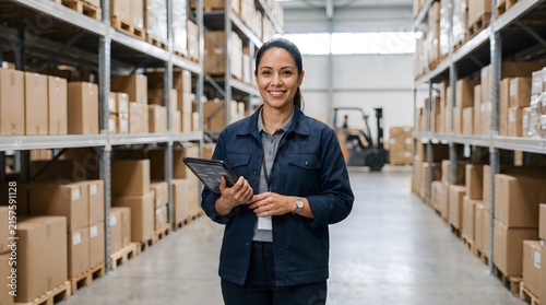 Smiling warehouse worker holding tablet in storage facility