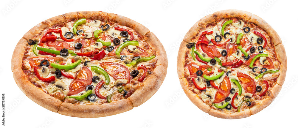 Fototapeta premium Set of freshly baked pizzas with vegetables, olives, mushrooms and cheese, isolated on transparent cutout background