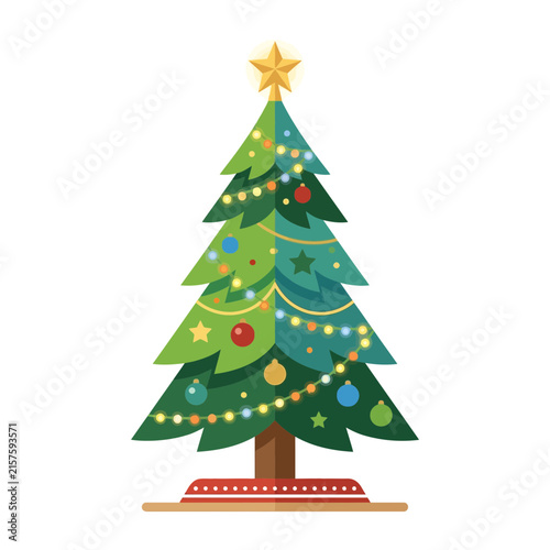 Green Christmas tree decorated with star and ornaments for winter holiday celebration isolated
