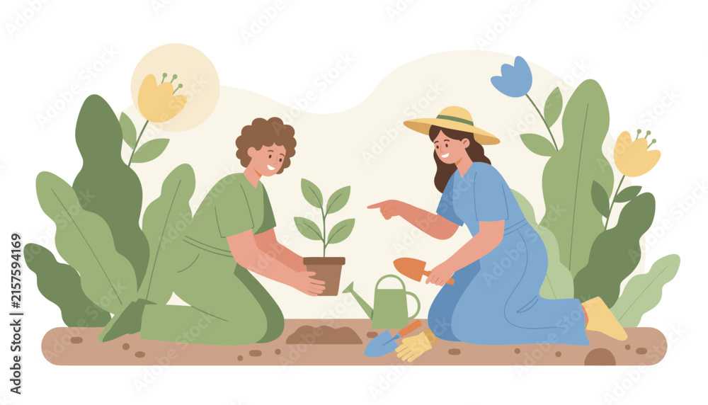 Fototapeta premium Two happy female gardeners plant a young seedling in a pot together outdoors in a lush garden filled with green foliage.