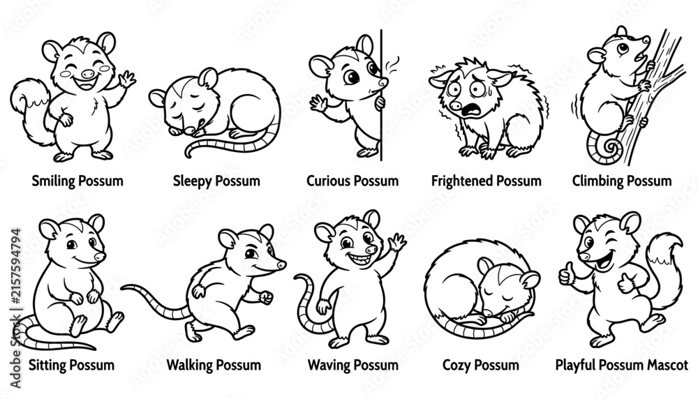 Fototapeta premium Possums Set Showing Various Expressions and Activities. Hand-Drawn Vector Illust