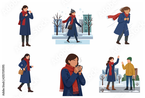 Foto Set of flat vector illustrations of a woman in winter clothing walking in the ci