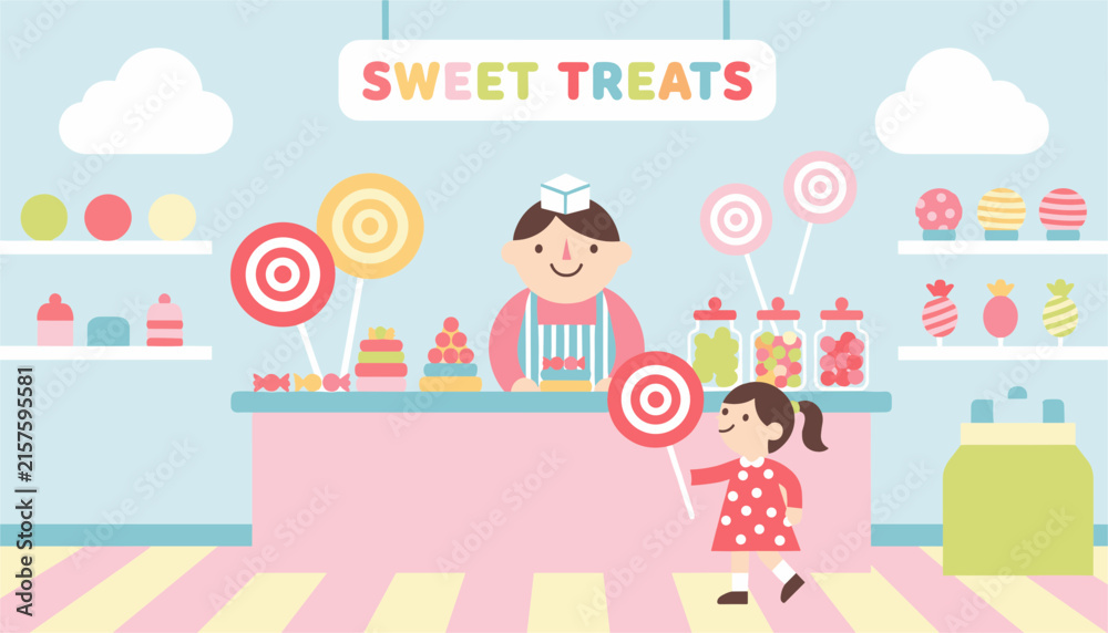 Obraz premium Friendly shopkeeper at a colorful sweet candy shop counter serving a little girl who is holding a giant lollipop.