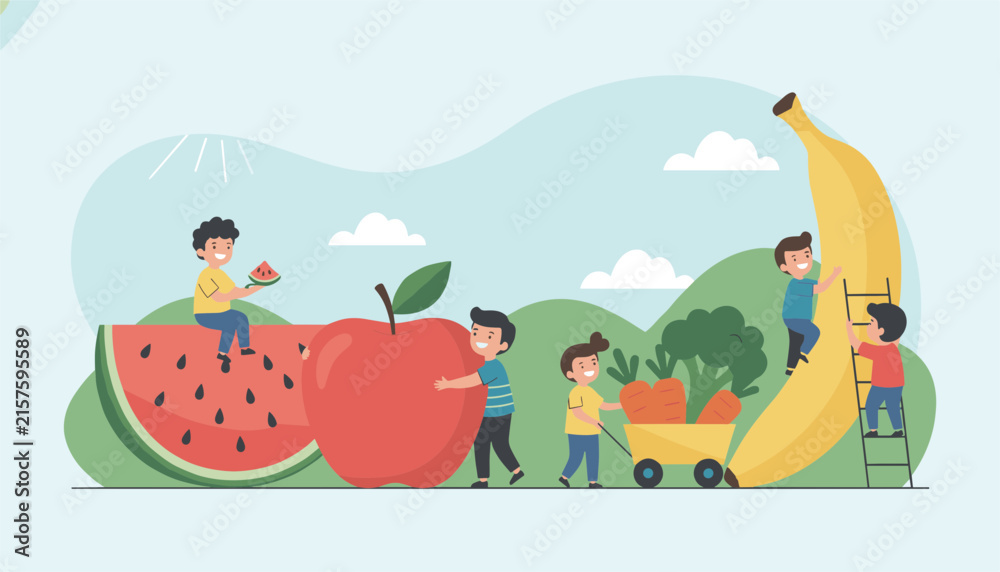 Fototapeta premium Group of tiny happy children playing with giant healthy fruits and vegetables, promoting clean eating for kids.