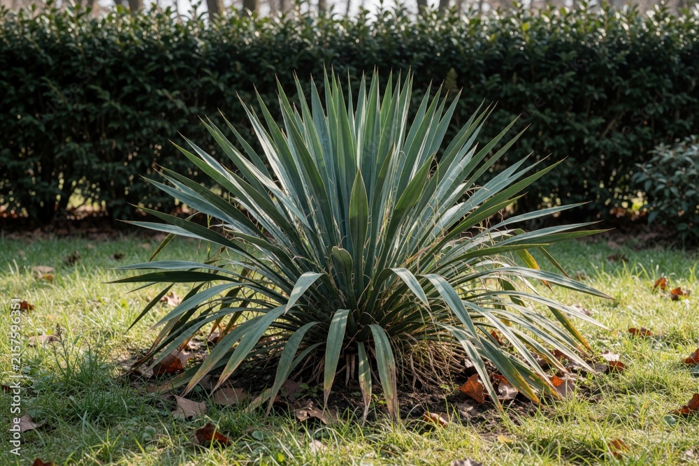 Fototapeta premium Ornamental yucca plant grows in garden during winter. Evergreen shrub with sword like leaves stands in green grass with fallen autumn leaves.