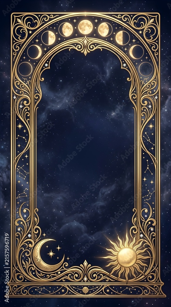 Fototapeta premium Elegant golden vintage celestial portal frame featuring moon phases, sun, and constellation patterns against a magical starry night sky background.