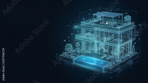 Wireframe 3D illustration of a modern luxury house with a swimming pool, constructed from glowing digital light particles and data streams on a dark background
