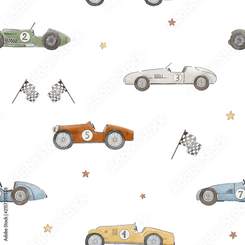 Watercolor Vintage Racing Car Seamless Pattern on Beige Background