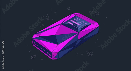 Geometric power bank, pink and blue polygonal design, digital display