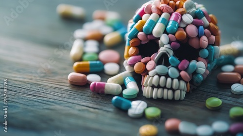 Skull Made of Colorful Pills Representing Drug Overdose and Addiction