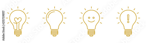 Set of gold light bulb icons with varied creative concept symbols lightbulb innovation creativity business