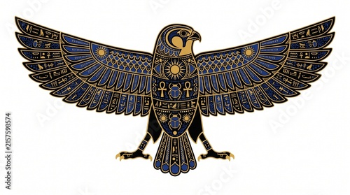 Fotografía Ornate Egyptian Falcon Vector Illustration with Blue and Gold Hieroglyph Details