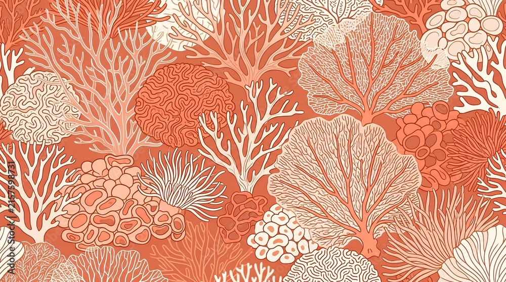 Coral Reef Seamless Pattern Terracotta Red Undersea Botanical Line Art Vector Background Template