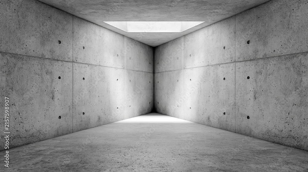 Fototapeta premium Geometric tunnel constructed from textured concrete converges toward a bright opening, representing isolation and architectural perspective concept for modern design