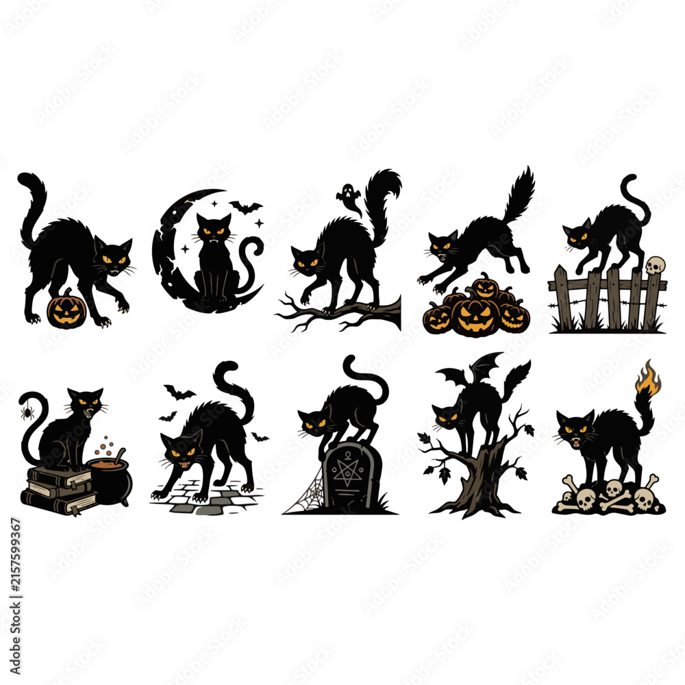 Fototapeta premium Black silhouette cat set in various playful poses and dynamic movements vector illustration
