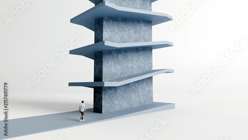 Man standing at base of towering concrete column with cantilevered platform levels, hierarchy, corporate ladder and levels of success concept, 3d render