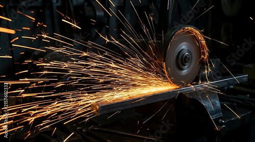 Industrial machine cutting metal bar with sparks