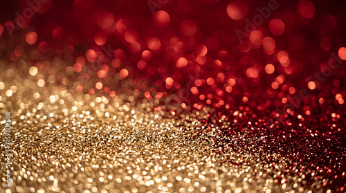Red and gold sparkling glitter background with festive bokeh light effects