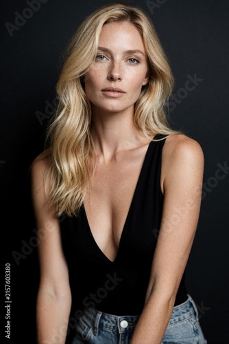 Blonde woman with freckles poses in studio wearing plunging neckline top and denim shorts. She has wavy hair and fair skin, looking thoughtfully into camera. Natural beauty.