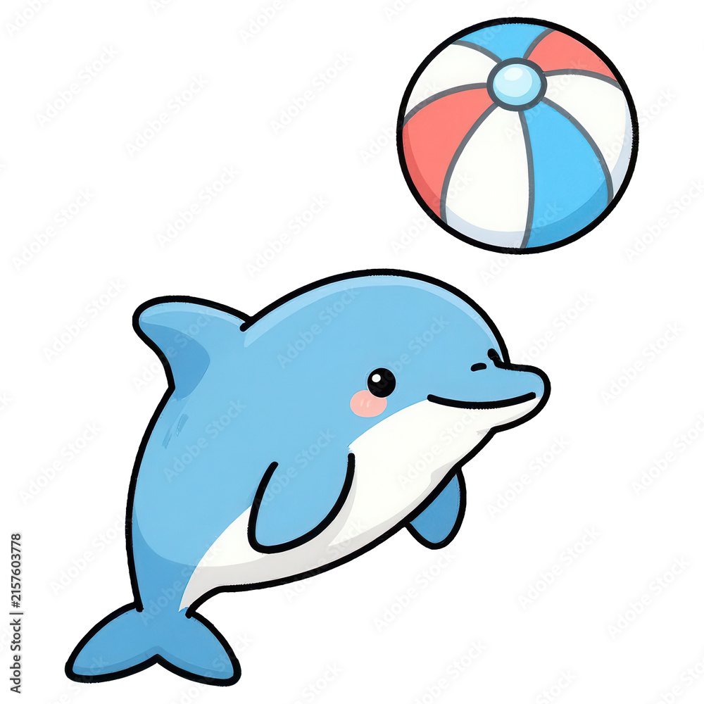 Fototapeta premium Cute Dolphin and Beach Ball: An adorable cartoon dolphin leaps joyfully with a colorful beach ball, capturing a playful and whimsical scene of summer fun and aquatic delight.