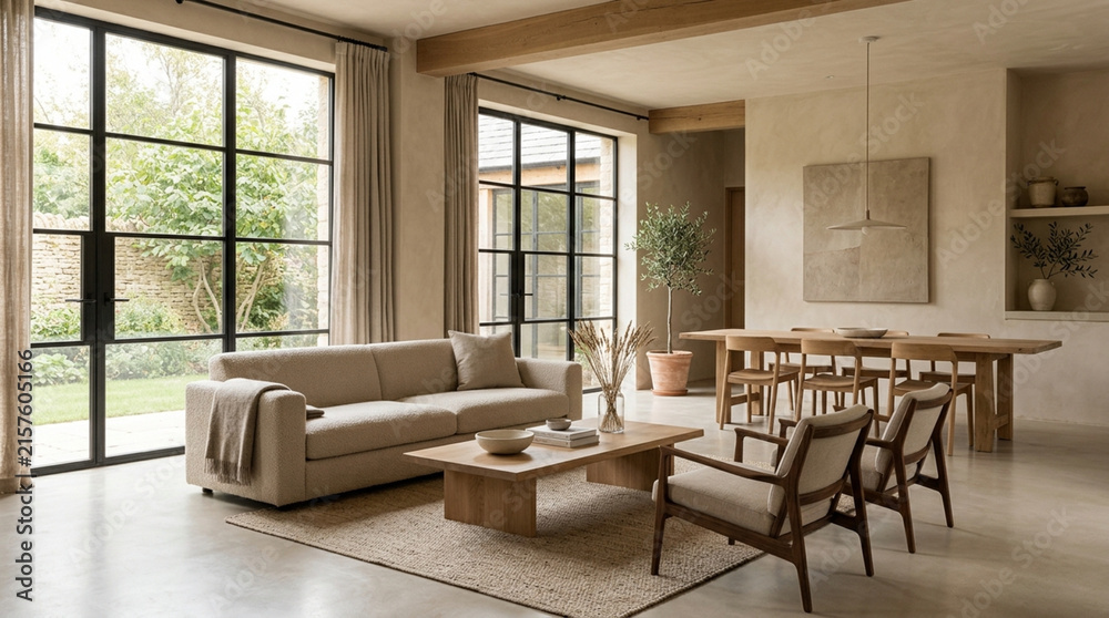 Fototapeta premium Modern living room and dining area, neutral tones, natural light, minimalist design