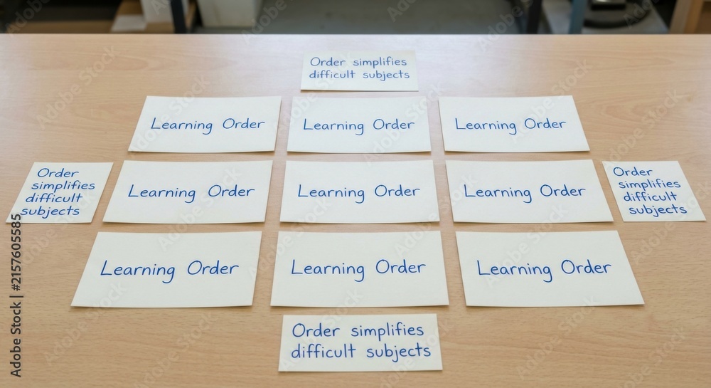 Obraz premium Learning Order Cards Arranged Symmetrically on Desk, Highlighting Simplification of Subjects