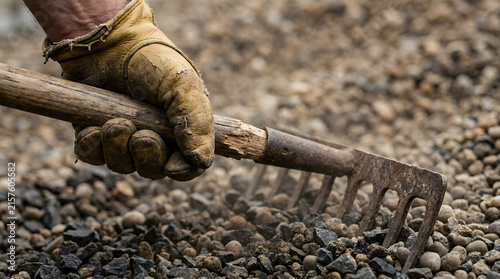 Obraz na płótnie Hand in leather work glove gripping rake | Manual labor in landscaping project | Close-up of garden tool on gravel surface | Heavy duty outdoor maintenance work