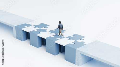 Man walking across puzzle piece bridge connecting two platforms over gap, teamwork, solution and step by step progress concept, 3d render