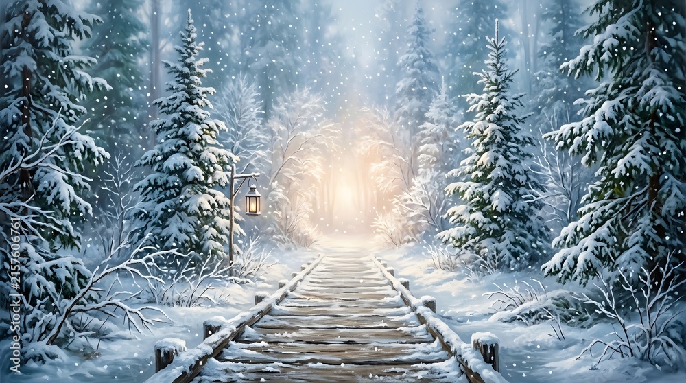 Fototapeta premium Wooden path leading into a magical snowy forest with glowing golden light