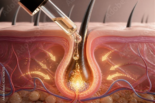Hair follicle absorbing serum in skin cross section illustration
