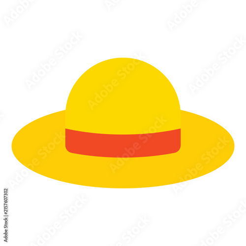 A bright yellow sun hat with a red band, designed in a flat style. Ideal for summer-themed designs and promotional materials.