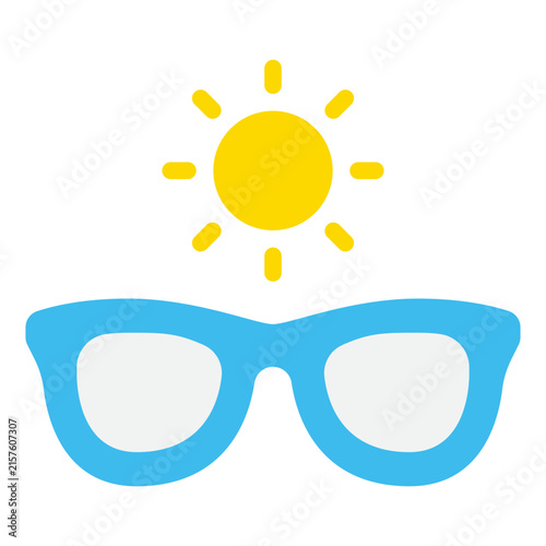 A flat design illustration featuring stylish sunglasses with a sun icon above them. Ideal for summer-themed graphics or fashion-related projects.