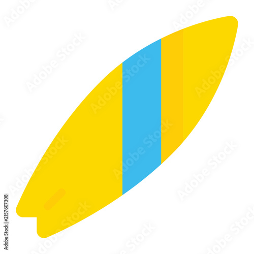 A flat design illustration of a vibrant surfboard featuring yellow and blue stripes. Ideal for beach and surfing-related projects.