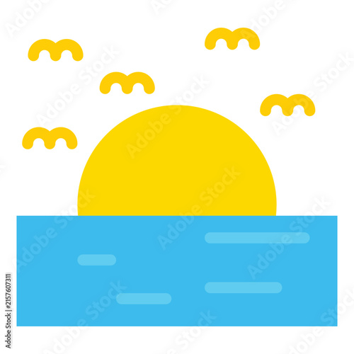 A flat design illustration depicting a bright yellow sun setting over a blue body of water, complemented by stylized birds in the sky.