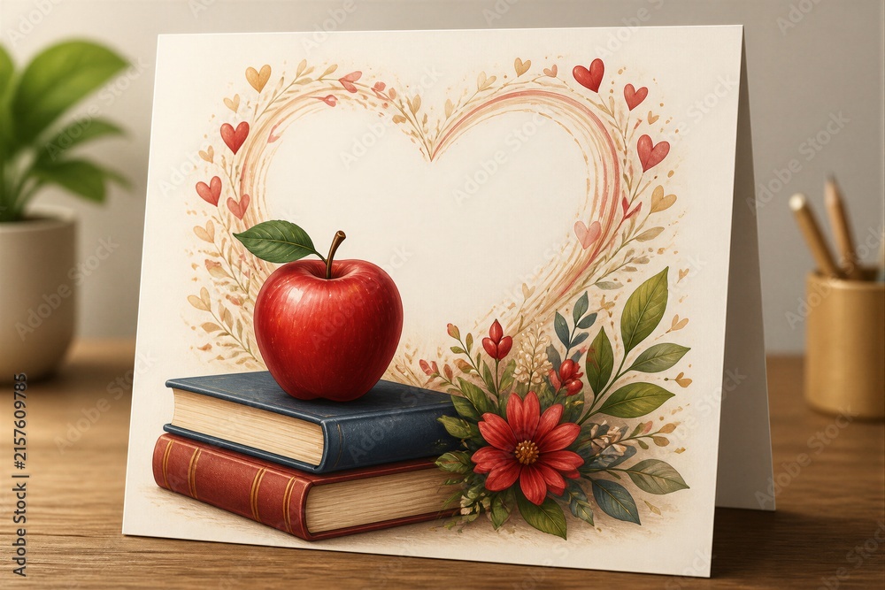 Obraz premium Greeting card featuring apple on books at tabletop display