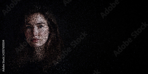 Digital ID Portrait of Woman with Face made up of Computer code. Verifiable credential Concept with copy-space.