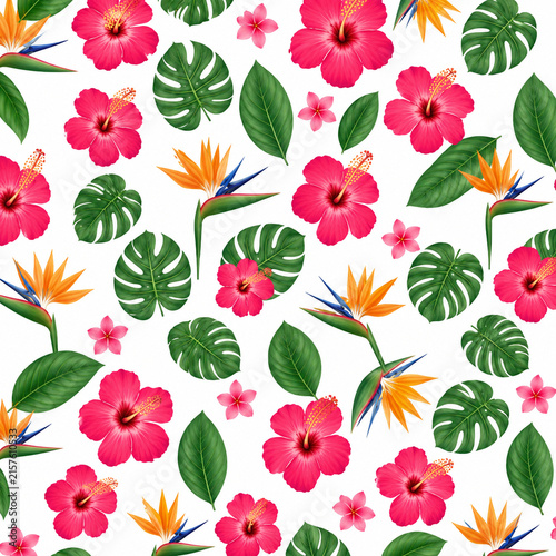 Tropical Floral Pattern with Hibiscus, Monstera and Bird of Paradise Flowers on White Background