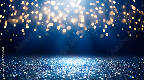 Elegant Blue Background With Shimmering Glitter Floor And Blurred Golden Bokeh Lights