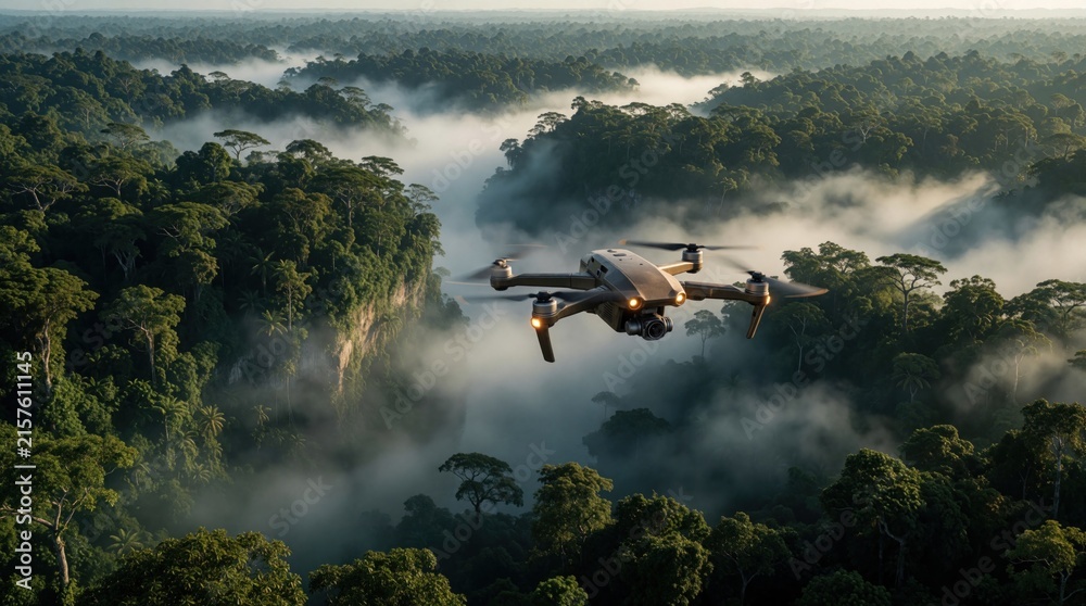 Fototapeta premium High tech drone flies over dense tropical jungle at dawn. Aerial view shows misty rainforest with tall trees, deep valley. Remote wilderness landscape during sunrise with thick fog, green vegetation.