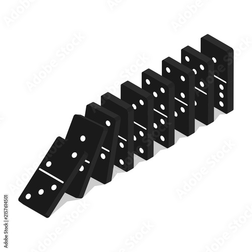 Row of black dominoes dices falling and pushing each other due to domino effect. Cartoon isometric vector isolated on white background