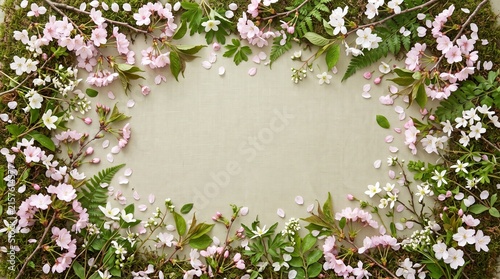 Beautiful floral frame composed of spring blossoms and green leaves, perfect for nature-themed designs and springtime celebrations