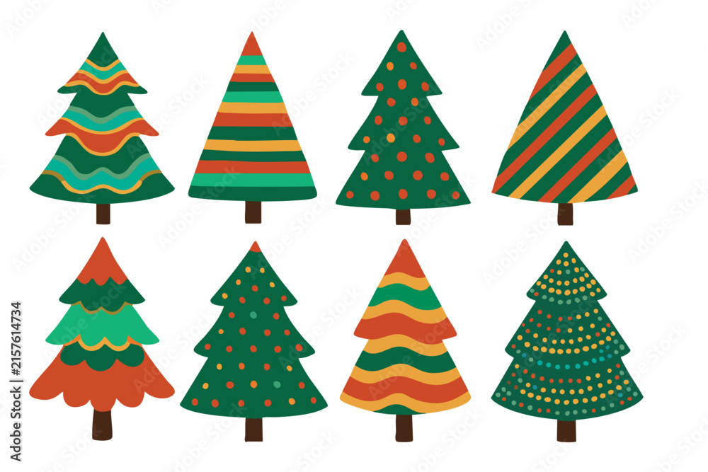 Obraz premium A collection of eight different stylized christmas trees with various patterns including waves, stripes, dots, and zigzags in red, green, yellow, and blue colors on a white ataullahakram01