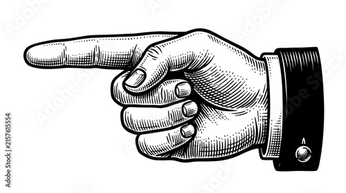 Hand pointing gesture depicted in a detailed vintage woodcut style with bold black ink lines
