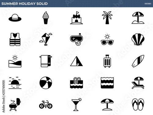 A collection of summer holiday themed icons including beach, sun, and leisure activities in a solid design style. Ideal for travel and vacation-related projects.