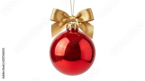 Red Christmas bauble with gold satin bow, festive holiday ornament on white background, shiny glass sphere for seasonal decor